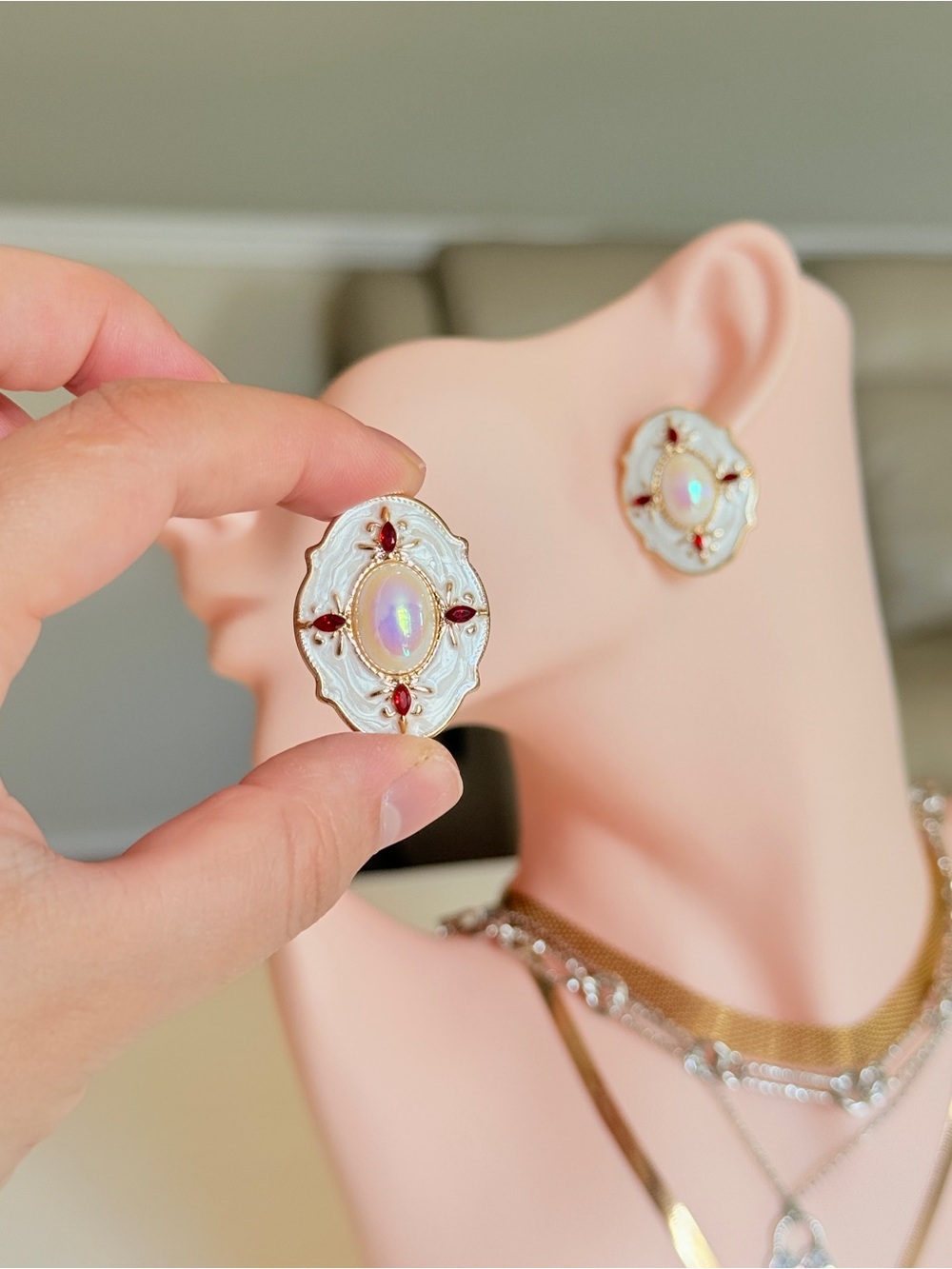 Elegant White Enamel and Red Crystal Oval Statement Earrings - Picture 8 of 15